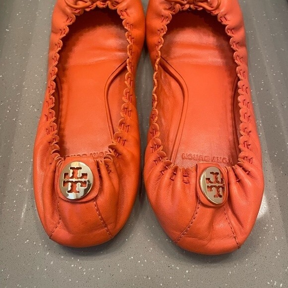 Tory Burch Orange Leather Tassel Scrunch Ballet Flats Size 7 - Picture 11 of 11